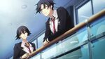  2boys against_railing arm_support belt belt_buckle black_hair black_jacket black_pants brown_eyes buckle chaos;child closed_mouth collared_shirt crossed_arms expressionless from_side game_cg hair_between_eyes head_tilt hekiho_academy hekiho_academy_uniform highres indoors itou_shinji_(chaos;child) jacket lapels leaning_forward messy_hair miyashiro_takuru multiple_boys necktie notched_lapels official_art open_collar pants pensive pocket purple_eyes railing red_necktie sasaki_mutsumi school school_emblem shirt short_hair smile white_belt white_shirt 