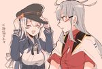  2girls ainu_clothes blue_hair blush breasts closed_eyes dress facial_scar gangut_(kantai_collection) grey_hair hair_between_eyes hair_ornament hairclip hat itomugi-kun jacket jacket_on_shoulders kamoi_(kantai_collection) kantai_collection large_breasts long_hair looking_at_another medium_breasts military military_uniform multicolored_hair multiple_girls naval_uniform open_mouth peaked_cap ponytail red_eyes red_shirt remodel_(kantai_collection) scar scar_on_cheek shirt silver_hair simple_background translation_request uniform white_hair 