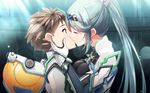  1girl armor blush breasts brown_hair closed_eyes gloves green_eyes hetero kiss large_breasts pneuma_(xenoblade_2) ponytail rex_(xenoblade_2) rods short_hair simple_background skin_tight spoilers tears xenoblade_(series) xenoblade_2 yellow_eyes 