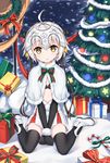 :o ahoge bell black_bikini_top black_gloves black_legwear boots bow box candy candy_cane capelet christmas_tree elbow_gloves fate/grand_order fate_(series) food full_body fur_trim gift gift_box gloves green_ribbon headpiece highres jeanne_d'arc_(fate)_(all) jeanne_d'arc_alter_santa_lily looking_at_viewer pom_pom_(clothes) ribbon shibanme_tekikumo short_hair silver_hair sitting skirt solo striped striped_bow striped_ribbon v_arms wariza white_capelet white_footwear yellow_eyes 