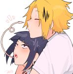  1boy 1girl audio_jack ayuda_ayutaro blush boku_no_hero_academia closed_eyes commentary earplugs highres jiro_kyoka kaminari_denki long_earlobes open_mouth short_hair signature white_background 