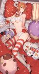  altera_(fate) altera_the_santa alternate_costume bed bell blush breasts character_doll cosplay dark_skin fake_horns fate/grand_order fate/prototype fate/prototype:_fragments_of_blue_and_silver fate_(series) fujimaru_ritsuka_(female) hassan_of_serenity_(fate) hat high_heels highres jingle_bell medium_breasts merlin_(fate) merry_sheep one_eye_closed open_mouth orange_eyes orange_hair original pillow sheep short_hair solo striped striped_legwear stuffed_animal stuffed_toy thighhighs underboob yayata_(884) 