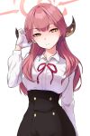  1girl aru_(blue_archive) black_skirt blue_archive breasts closed_mouth collared_shirt gloves halo highres horns large_breasts light_blush long_hair looking_at_viewer pink_hair pink_halo shirt simple_background skirt solo tatetsuki upper_body white_background white_gloves white_shirt yellow_eyes 