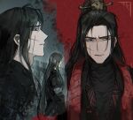  1boy black_coat black_eyes black_hair black_hanfu chanil_(muexlku) chinese_clothes clone closed_mouth coat flashback from_side hair_ornament hairpin hanfu high_ponytail highres jia_qiu_(project_moon) limbus_company long_hair multiple_views narrowed_eyes ponytail project_moon scar scar_on_face serious sidelocks stained_clothes stole two-tone_background upper_body 