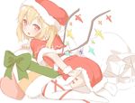  alternate_costume bangs blonde_hair blush bow capelet eyebrows_visible_through_hair flandre_scarlet from_side full_body green_bow hair_between_eyes hat leaning_forward looking_at_viewer no_shoes open_mouth pointy_ears red_eyes red_skirt sack sakurea santa_costume seiza simple_background sitting skirt solo thighhighs touhou white_background white_legwear zettai_ryouiki 
