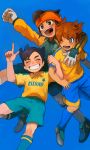  3boys blue_eyes blue_hair blush brown_eyes brown_hair endou_mamoru eyes_closed gloves grin headband highres inamori_asuto inazuma_eleven inazuma_eleven_(series) inazuma_eleven_ares_no_tenbin inazuma_eleven_go male_focus matsukaze_tenma multiple_boys one_eye_closed raimon raimon_soccer_uniform ramen11 smile soccer_uniform sportswear white_gloves 