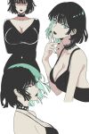 black_dress black_hair black_lips black_nails bob_cut breasts choker cleavage dress earrings fubuki_(one-punch_man) goth_fashion green_eyes highres jewelry large_breasts looking_at_viewer makeup one-punch_man short_hair upper_body windriftdraws 