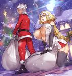  1girl amakusa_shirou_(fate) black_gloves black_legwear blush breasts christmas_tree cleavage cosplay dark_skin elbow_gloves fate/apocrypha fate/grand_order fate_(series) gloves highres house jeanne_d'arc_(fate) jeanne_d'arc_(fate)_(all) jeanne_d'arc_alter_santa_lily jeanne_d'arc_alter_santa_lily_(cosplay) kneeling large_breasts long_hair melon22 sack santa_costume snow thighhighs white_hair 