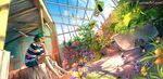  barefoot bathtub beret blue_eyes blue_sky brown_hair claw_foot_bathtub cloud cocoa_(fisheye_placebo) commentary day fisheye_placebo flower greenhouse hat hat_with_ears highres plant profile short_hair sitting sky solo watermark web_address wenqing_yan 