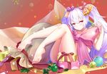  absurdres azur_lane bangs barefoot bell blush bow box candy candy_cane christmas_ornaments closed_mouth commentary_request eyebrows_visible_through_hair food gift gift_box hair_bell hair_between_eyes hair_bow hair_ornament highres laffey_(azur_lane) long_hair looking_to_the_side muu_rin naked_ribbon pink_bow pink_ribbon red_eyes ribbon sack silver_hair solo sparkle star toenails twintails very_long_hair 