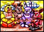 2015 2_toes 3_toes animatronic anthro artist_name avian beak_closed bear bib_only bird black_border black_bow_tie black_eyebrows black_nose black_top_hat blue_eyes bonnie_(fnaf) border bottomwear bow_tie bow_tie_only brown_body brown_bottomwear brown_clothing brown_pants canid canine chica_(fnaf) chicken claws closed_beak clothing colored english_description english_text eye_patch eyebrows eyewear feet female female_anthro fingers five_nights_at_freddy&#039;s floor fox foxy_(fnaf) freddy_(fnaf) galliform gallus_(genus) glowing glowing_eyes group inside lagomorph leporid light lighting looking_at_another machine male male_anthro mammal marker_(artwork) mostly_nude mouth_closed multicolored_body no_eyebrows open_mouth pants phasianid pink_eyes purple_body rabbit red_body red_bow_tie red_eyes robot scottgames shaded sharp_teeth sitting sitting_on_ground talons teeth tehcreechibi text thick_eyebrows toe_claws toes torn_bottomwear torn_clothing torn_pants traditional_media_(artwork) two_tone_body wall_(structure) whisker_spots white_bib white_claws wood wood_floor yellow_body yellow_eyes