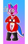  2017 anthro big_breasts blush boots breast_squish breasts cat clothed clothing covering covering_breasts digital_media_(artwork) equine feline female footwear happy hi_res horn hybrid looking_at_viewer mammal notjoe open_mouth pussy simple_background skinsuit smile solo standing the_lego_movie tight_clothing unikitty 