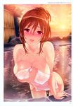  :d absurdres arm_support artist_name blush breasts brown_hair collarbone covering dusk full-face_blush hair_bun hand_on_own_chest highres hisasi large_breasts leaning_forward looking_at_viewer naked_towel nude nude_cover onsen open_mouth outdoors pink_eyes short_hair sidelocks sky smile solo sparkle steam sunset toranoana towel wet wet_hair 