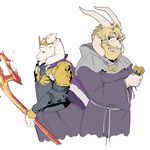  armor asgore_dreemurr beard boss_monster caprine crown facial_hair fangs flower fur horn jazzycat long_ears mammal melee_weapon pendant plant polearm simple_background toriel undertale video_games weapon white_background white_fur 