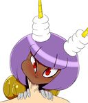  1girl antennae blush dark_skin disembodied_penis duo dynatron_(mighty_no._9) eyebrows fellatio mighty_no._3 mighty_no._9 oral penis pov purple_hair red_eyes saliva short_hair sketchpaddy 