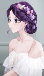  1girl alternate_costume alternate_hairstyle braid collarbone commentary flower hair_flower hair_ornament idolmaster idolmaster_shiny_colors looking_ahead off_shoulder ponzu_(user_msvv4457) purple_eyes purple_hair see-through_clothes solo symbol-only_commentary tanaka_mamimi upper_body 
