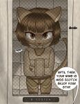 angry anthro asylum bob_cut bodily_fluids brown_body brown_eyes brown_hair colored crying dialogue door ears_up english_text felid feline felis female hair hi_res ivy_pepper lackadaisy low-down mammal padded_room plaque restrained restrained_arms restraints solo straitjacket tagme tail tears text window