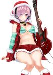  bangs bikini blush breasts christmas closed_mouth coat commentary_request detached_sleeves duffel_coat electric_guitar eyebrows_visible_through_hair fate/grand_order fate_(series) fingerless_gloves fur_trim gibson gibson_sg gloves green_bikini guitar hat headphones instrument jirusu knees_together_feet_apart large_breasts looking_at_viewer mash_kyrielight miniskirt navel open_clothes open_coat plectrum purple_eyes purple_hair red_gloves red_skirt santa_hat short_hair sitting skirt smile solo striped striped_bikini swimsuit thighs tsurime 