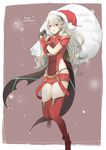  armor bag blush christmas cosplay female_my_unit_(fire_emblem_if) fire_emblem fire_emblem_if hairband hat homura_(xenoblade_2) homura_(xenoblade_2)_(cosplay) long_hair looking_at_viewer mamkute my_unit_(fire_emblem_if) pointy_ears red_eyes robaco santa_hat smile solo white_hair xenoblade_(series) xenoblade_2 