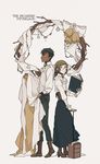  1boy 1girl back-to-back bell book dark_skin don_(yakusoku_no_neverland) gilda_(yakusoku_no_neverland) glasses h_(pixiv18033498) wreath yakusoku_no_neverland 