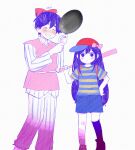  1boy 1girl :d ^_^ ankle_socks antenna_hair asymmetrical_legwear aubrey_(headspace)_(omori) aubrey_(omori) baseball_bat baseball_cap black_socks blue_pants blue_shirt blue_shorts blush bow bright_pupils child closed_eyes collared_shirt colored_skin commentary cosplay double-parted_bangs english_text facing_viewer feet_out_of_frame fingernails frying_pan grin hair_behind_ear hair_between_eyes hair_bow hand_on_own_hip hands_up hat hat_bow hero_(headspace)_(omori) hero_(omori) highres holding holding_baseball_bat holding_frying_pan kneehighs knees_together_feet_apart long_hair long_sleeves looking_at_viewer mother_(series) mother_2 ness_(mother_2) ness_(mother_2)_(cosplay) number-only_commentary omori pants paper_texture paula_(mother_2) paula_(mother_2)_(cosplay) pink_bow pokoponpen purple_eyes purple_hair red_bow red_hat shirt short_hair short_sleeves shorts sidelocks smile socks solo standing straight_hair striped_clothes striped_pants striped_shirt sweatdrop symbol-only_commentary two-tone_shirt vertical-striped_clothes vertical-striped_pants vertical-striped_shirt very_long_hair very_short_hair white_background white_pants white_pupils white_shirt white_skin yellow_shirt 