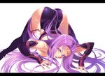  ass black_legwear breasts detached_sleeves fate/stay_night fate_(series) highres hijiri long_hair looking_at_viewer medium_breasts parted_lips purple_eyes purple_hair rider solo teeth thighhighs top-down_bottom-up very_long_hair 