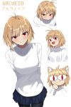  absurdres ahoge arcueid_brunestud black_pantyhose blonde_hair blue_skirt breasts character_name coti_neko cowboy_shot english_commentary highres large_breasts miniskirt multiple_expressions neco-arc neco_spirit pantyhose pleated_skirt red_eyes short_hair simple_background skirt sweater white_background white_sweater 