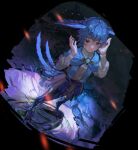  1girl bird_girl bird_legs bird_tail bird_wings black_border black_eyes blue_capelet blue_eyes blue_gemstone blue_hair border brooch capelet chromatic_aberration collared_dress commentary_request crack crater dirty dirty_face dress dutch_angle embers feathered_wings final_fantasy final_fantasy_xiv foreshortening from_above frown full_body gem grey_dress guan_tang_baozi hands_up head_wings heterochromia highres jewelry legs_apart long_sleeves looking_at_viewer meteion monster_girl outdoors puffy_long_sleeves puffy_sleeves sash short_hair solo spoilers standing tail wings wreckage 