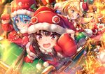  3girls :d :o :q adapted_costume alternate_costume aqua_(konosuba) black_hair blonde_hair blue_eyes blue_hair blush christmas commentary crying crying_with_eyes_open darkness_(konosuba) falling floating fur_trim gloves hair_ornament kono_subarashii_sekai_ni_shukufuku_wo! long_hair looking_at_viewer looking_back megumin multiple_girls open_mouth pensuke ponytail reaching_out red_eyes red_gloves riding santa_costume satou_kazuma short_hair_with_long_locks sitting sleigh smile standing star starry_background tears tongue tongue_out x_hair_ornament 