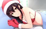  bangs black_hair bra breasts christmas commentary_request fur_trim gloves hat long_hair looking_at_viewer medium_breasts original parted_lips red_bra red_gloves santa_costume santa_hat shiny shiny_skin sideboob smile solo takocha underwear yellow_eyes 