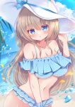  1girl 9-nine- absurdres alternate_costume armpit_crease bare_shoulders bikini blue_bikini blue_sky blush breasts brown_hair cleavage cloud commentary_request cowboy_shot eyes_visible_through_hair frilled_bikini frills hair_between_eyes hand_on_headwear hand_up hat heart heart-shaped_pupils highres kujou_miyako large_breasts long_hair looking_at_viewer navel nekota_min ocean off-shoulder_bikini off_shoulder open_mouth outdoors polka_dot polka_dot_bikini sidelocks sky solo spaghetti_strap strap_slip sun_hat sunlight swimsuit symbol-shaped_pupils very_long_hair water_drop wet white_hat 