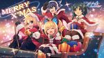  2girls azure_striker_gunvolt azure_striker_gunvolt_2 bell blonde_hair blue_hair braid christmas gift gunvolt hatakeyama_yoshitaka highres lumen_(gunvolt) merry_christmas multicolored_hair multiple_boys multiple_girls official_art ouka_(gunvolt) santa_costume sleigh smile spiked_hair twin_braids two-tone_hair watermark xiao_wu_(gunvolt) 