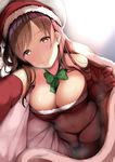  banned_artist bed_invitation bikini blanket bow bowtie breasts brown_eyes brown_hair christmas cleavage commentary_request elbow_gloves fay_(fay_axl) gloves hat highres idolmaster idolmaster_cinderella_girls large_breasts long_hair lying nitta_minami on_side pov red_gloves santa_costume santa_hat solo sweatdrop swimsuit 