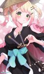  1girl ajirogasa black_kimono blonde_hair blue_sash breasts cleavage closed_mouth collarbone commentary_request cosplay flower gradient_hair green_eyes hair_ornament hairclip hand_up haori hat highres hololive japanese_clothes katana kimono kyouraku_shunsui kyouraku_shunsui_(cosplay) momosuzu_nene multicolored_hair nail_polish official_alternate_hairstyle orange_nails pink_background pink_hair pink_haori poruporupriiin sash shihakusho shinigami sidelocks solo sword turning_head twintails twitter_username virtual_youtuber weapon white_background white_flower zanpakutou 