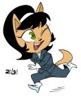 2025 accessory anthro black_hair chibi dated dbaru domestic_cat felid feline felis female fur green_eyes hair hair_accessory hairband kitty_katswell mammal nickelodeon one_eye_closed open_mouth open_smile running simple_background smile solo t.u.f.f._puppy tan_body tan_fur white_background