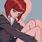  1girl black_sweater blue_skirt bow bowtie danganronpa_(series) danganronpa_v3:_killing_harmony from_side highres long_sleeves miniskirt official_alternate_costume pleated_skirt red_bow red_bowtie red_eyes red_hair sailor_collar school_uniform shimaya short_hair sitting skirt solo sweater two-tone_background white_sailor_collar yumeno_himiko 