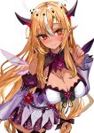  1girl :&gt; absurdres asymmetrical_wings black_bow black_thighhighs blonde_hair blush bow breasts chest_bow cleavage cleavage_cutout closed_mouth clothing_cutout commentary_request cosplay crystal_wings dark-skinned_female dark_skin detached_sleeves detached_wings dress hair_bow hand_up highres hololive hololive_english irys_(hololive) irys_(hololive)_(cosplay) irys_(irys_2.0)_(hololive) juliet_sleeves lace-trimmed_thighhighs lace_trim large_breasts long_hair long_sleeves looking_at_viewer low-tied_long_hair mismatched_wings multicolored_hair pointy_ears puffy_sleeves rum_raisin_(chihiromakita19) shiranui_flare short_dress simple_background sleeveless sleeveless_dress solo star-shaped_pupils star_(symbol) streaked_hair symbol-shaped_pupils thighhighs very_long_hair virtual_youtuber white_background white_dress white_hair white_sleeves wide_sleeves wings 