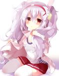  animal_ears azur_lane bangs breasts bunny_ears camisole collarbone commentary_request eyebrows_visible_through_hair fuuna_thise hair_between_eyes hair_grab hair_ornament hairband jacket laffey_(azur_lane) long_hair looking_at_viewer parted_lips pink_jacket pleated_skirt red_eyes red_hairband red_skirt silver_hair simple_background sitting skirt small_breasts solo thighhighs twintails very_long_hair white_background white_camisole white_legwear yokozuwari 