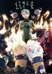  1girl 2boys @_@ battle_damage beard beaten blonde_hair blue_eyes building challia_bull commentary_request damaged deux_murasame facial_hair freckles gates_capa green_eyes green_hair gun gundam gundam_gquuuuuux hair_bun hair_ornament hambrabi highres jacket kikeroga_(gquuuuuux) long_hair mecha mecha_pilot_suit military_jacket military_uniform mobile_suit multiple_boys mustache normal_suit_(gundam) open_mouth psyco_gundam_(gquuuuuux) robot rope ruins ryokasaka science_fiction short_hair squiggle translation_request v-fin weapon white_hair x_mouth 