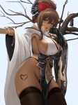  1girl absurdres armpits bare_hips bare_shoulders bare_tree black_nails breasts brown_eyes brown_hair dark-skinned_female dark_skin goddess_of_victory:_nikke hagoita hair_between_eyes hair_ornament hanetsuki highres japanese_clothes kimono large_breasts long_bangs looking_at_viewer noir_(black_rabbit)_(nikke) noir_(nikke) paddle pelvic_curtain shiny_skin sideboob snow solo thick_thighs thighhighs thighs tree user_vcxf5283 