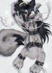2024 angel anthro bdsm bondage bondage_gear bound canid canine canis chain claws collar cuff_(restraint) cute_fangs digital_drawing_(artwork) digital_media_(artwork) eye_patch eyewear fangs feathered_wings feathers featureless_crotch female flat_chested fluffy fluffy_tail front_view hair halo harness heart_eye_patch heart_tag hi_res horn leather leather_cuffs leather_harness long_hair long_tail looking_at_viewer lying mammal nude nude_anthro nude_female on_back pattern_background pawpads paws raised_paw restraints simple_background smile solo somberpaw sparkles tail teeth tongue tongue_out trans_(lore) trans_man_(lore) virgil_(somberpaw) wings wolf