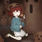  1other ^_^ androgynous apron bare_legs blue_kimono bottle_opener brown_hakama brown_helmet brown_slippers closed_eyes dot_nose frilled_apron frills full_body hair_between_eyes hakama hakama_short_skirt hakama_skirt hammer haniwa_(statue) happy helmet highres holding holding_hammer indoors japanese_clothes katano_sukune katano_sukune's_bottle_opener kimono kneeling kuroda_(kurota_ne) len'en musical_note official_style open_mouth other_focus red_hair short_hair short_kimono skirt slippers smile solo waist_apron white_apron 