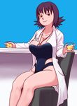  1girl between_breasts breasts cleavage drink glass half-closed_eyes kamisuki labcoat large_breasts looking_at_viewer necklace pokemon pokemon_(anime) purple_hair short_hair sitting smile solo uchikido_(pokemon) 