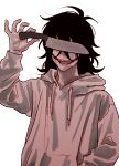  1boy :d antenna_hair arm_up black_hair colored_skin commentary creepypasta drawstring facing_viewer glasgow_smile hair_between_eyes hand_in_pocket highres hood hood_down hoodie jeff_the_killer long_sleeves male_focus medium_hair nocturnalsky open_mouth puffy_long_sleeves puffy_sleeves simple_background smile solo teeth tongue upper_body white_background white_hoodie white_skin 