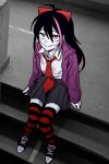  1girl adapted_costume antenna_hair arm_support arms_at_sides black_hair black_shoes black_skirt black_thighhighs blue_eyes bow chromatic_aberration closed_mouth collared_shirt colored_skin commentary_request creepypasta dot_nose double-parted_bangs from_above full_body glasgow_smile hair_between_eyes hair_bow high_ponytail highres hood hood_down hooded_jacket horizontal-striped_thighhighs jacket knees_together_feet_apart long_hair long_sleeves looking_at_viewer looking_up miniskirt multicolored_hair necktie nina_the_killer nocturnalsky on_stairs open_clothes open_jacket photo_background pink_hair pleated_skirt ponytail puffy_long_sleeves puffy_sleeves purple_jacket red_bow red_necktie red_thighhighs shirt shoelaces shoes sitting skirt smile solo streaked_hair thighhighs two-tone_hair two-tone_thighhighs white_shirt white_skin zettai_ryouiki 