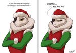  2017 anthro armello badroy christmas crossed_arms dialogue elyssia_(armello) english_text female frown hat holidays lagomorph mammal offscreen_character rabbit santa_hat simple_background smile text white_background yellow_eyes 