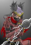  1boy arm_blade armor black_bodysuit black_hair black_wings bodysuit commentary_request dagger dual_wielding feathered_wings gauntlets grey_background guillotine_cross_(ragnarok_online) head_wings helm helmet holding holding_dagger holding_knife holding_weapon jamadhar knife long_hair male_focus mask monou0135 mouth_mask ninja_mask pauldrons ragnarok_online red_armor red_eyes red_scarf scarf shoulder_armor solo upper_body weapon wings 
