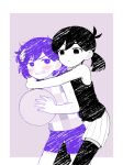  1boy 1girl annoyed antenna_hair ball bare_arms bare_shoulders behind_another black_eyes black_hair black_shirt black_thighhighs blush border bright_pupils checkered_clothes clenched_teeth closed_mouth colored_skin commentary_request cowboy_shot double-parted_bangs empty_eyes fingernails genderswap genderswap_(mtf) hair_between_eyes hand_on_another&#039;s_head highres holding holding_ball hug hug_from_behind kel_(headspace)_(omori) kel_(omori) looking_at_another looking_back medium_hair no_pupils omori omori_(omori) outside_border paper_texture pokoponpen purple_background purple_eyes purple_hair purple_shorts shirt short_hair shorts sideways_glance simple_background sleeveless sleeveless_shirt standing sweat teeth thighhighs v-shaped_eyebrows white_border white_pupils white_shorts white_skin 