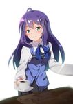  blue_ribbon blue_vest cosplay cowboy_shot gochuumon_wa_usagi_desu_ka? green_eyes hair_between_eyes highres idolmaster idolmaster_million_live! long_hair looking_at_viewer mochizuki_anna purple_hair rabbit_house_uniform ribbon simple_background smile solo table tedeza_rize tedeza_rize_(cosplay) vest waitress white_background yuukyan_(ucan85) 