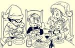  2boys 2girls arms_up baby black_eyes black_hair black_shirt bra_(dragon_ball) brother_and_sister bulma cake chair dragon_ball eating eyes_closed family father_and_son food fork frown happy hat image_sample lee_(dragon_garou) long_sleeves looking_at_another monochrome mother_and_son multiple_boys multiple_girls open_mouth overalls plate santa_hat serious shirt short_hair siblings sitting trunks_(dragon_ball) twitter_sample vegeta 